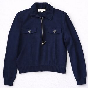 St. John Collection Midnight Blue Ruffle Collar Knit Jacket Sz Medium